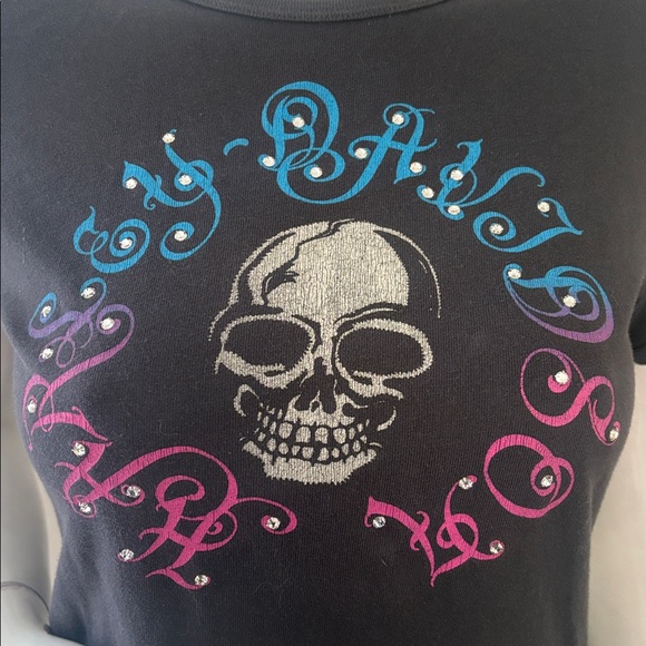Vintage Y2K Harley Davidson Skull & Logo Graphic Print T-Shirt w Rhinestones - Picture 2 of 6